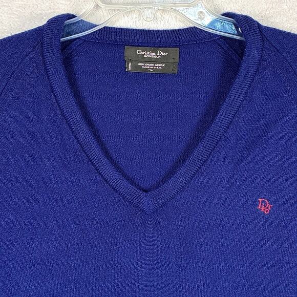 VTG Christian Dior V Neck Sweater Mens L Blue Old Money 80s Preppy Designer USA - Picture 2 of 7